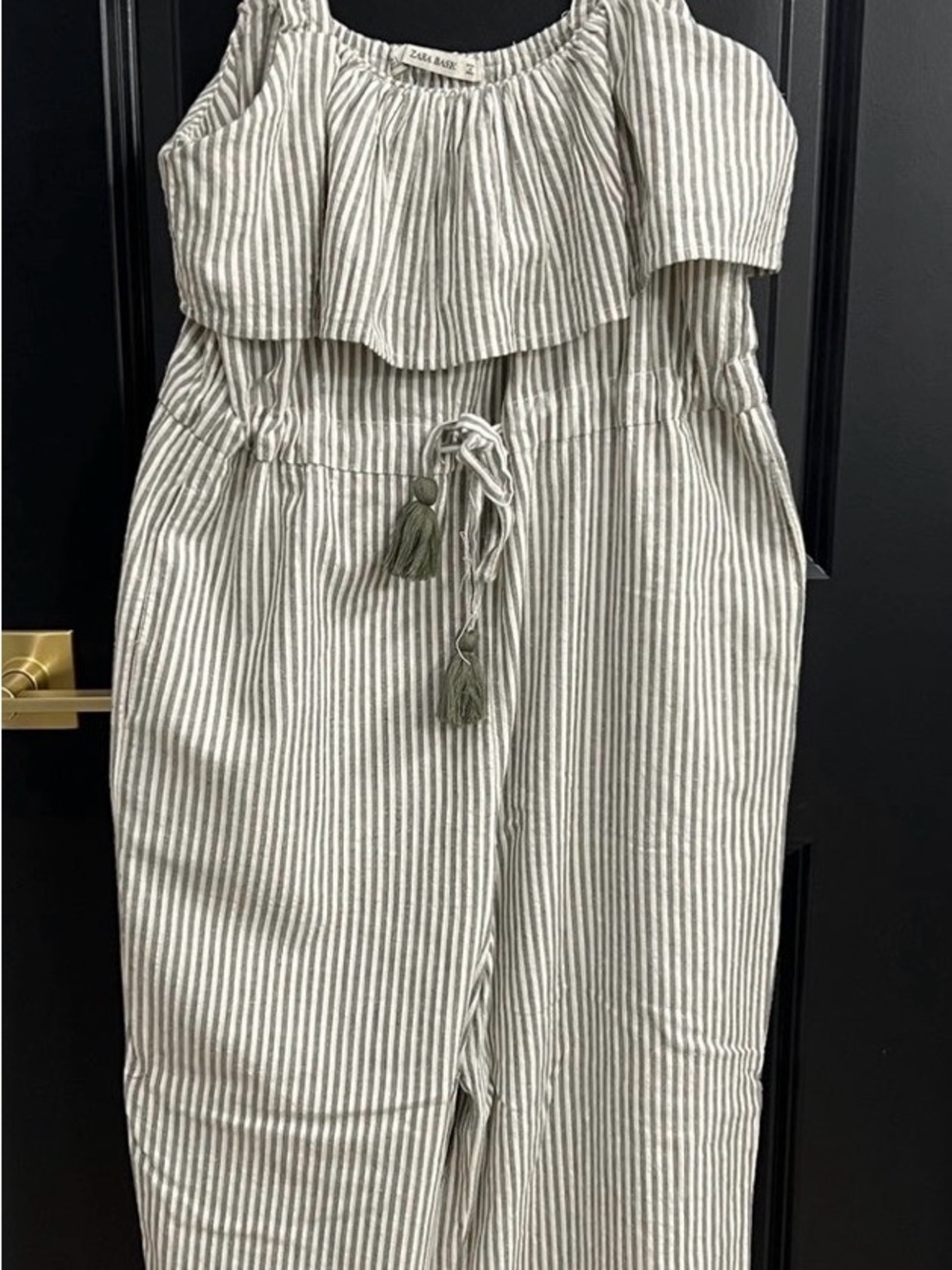Zara Striped Off-Shoulder Jumpsuit in Cream and Green Tassels
